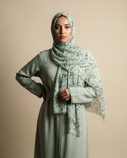foulard femme Brume de Sauge porté par femme marocaine collection Souffle de Couleurs LAZNA Casablanca