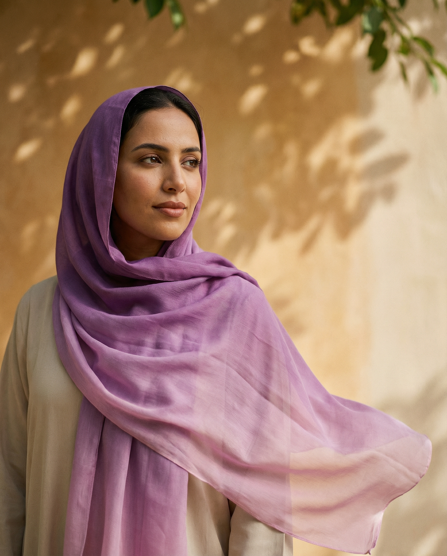 foulard femme eveil de lilas porté par femme marocaine collection Souffle de Couleurs LAZNA 