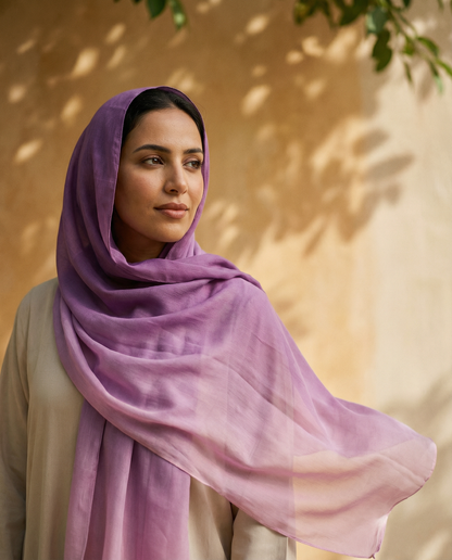 foulard femme eveil de lilas porté par femme marocaine collection Souffle de Couleurs LAZNA 