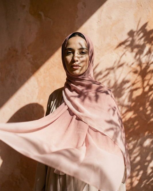 foulard femme rose Nuee de coton porté par femme marocaine collection Souffle de Couleurs LAZNA 