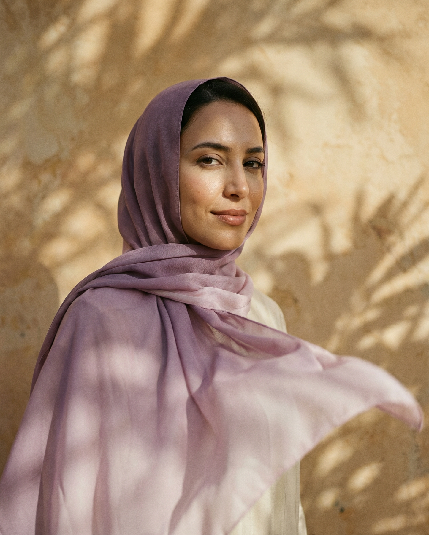 foulard femme rose voile de rosée porté par femme marocaine collection Souffle de Couleurs LAZNA 