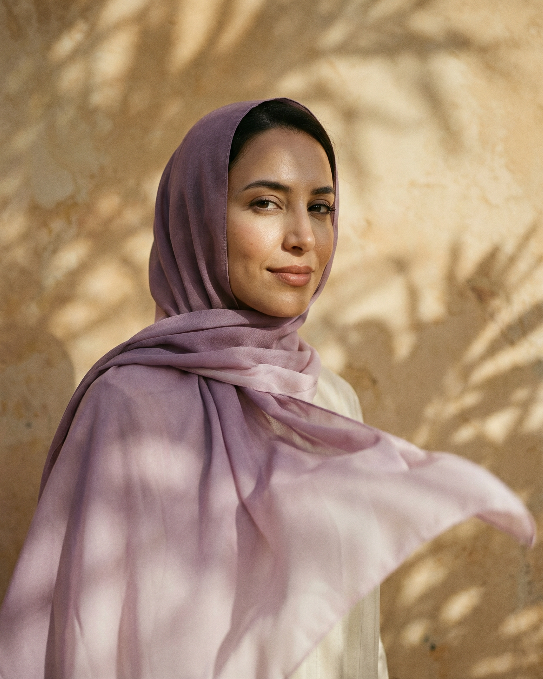 foulard femme rose voile de rosée porté par femme marocaine collection Souffle de Couleurs LAZNA 