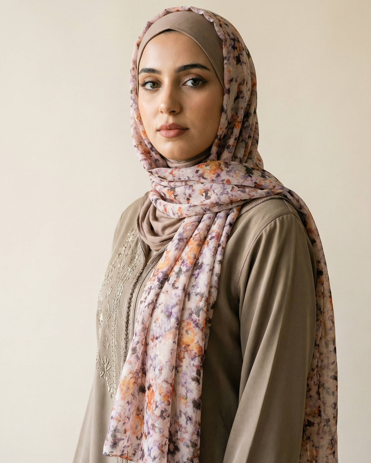 foulard femme Crépuscule épicé porté par femme marocaine collection Souffle de Couleurs LAZNA Casablanca
