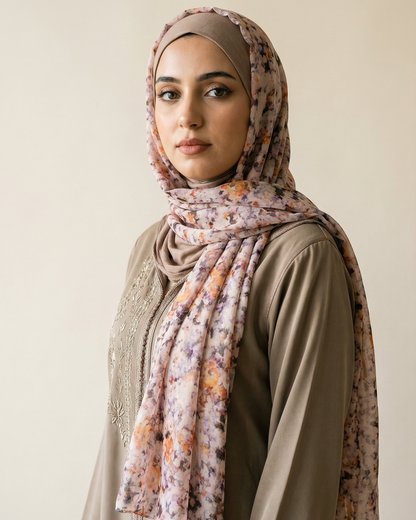 foulard femme Crépuscule épicé porté par femme marocaine collection Souffle de Couleurs LAZNA Casablanca
